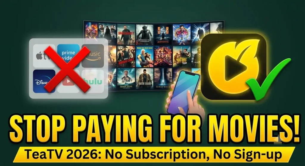 TeaTV 2026 app comparison graphic showing a hand with a smartphone, movie posters on a screen, streaming service logos with a red X, and the TeaTV logo with a green checkmark on a dark green background.