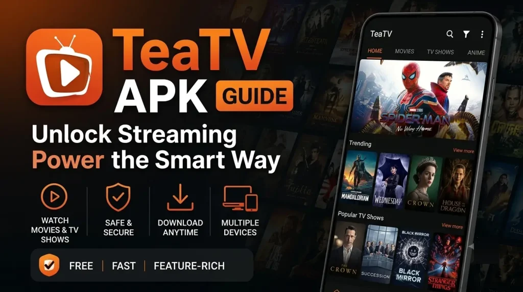 TeaTV APK guide banner showing app icon, streaming features, and mobile screen display
