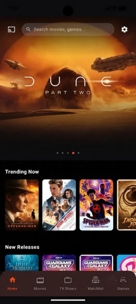 TeaTV mobile app home screen UI showing Dune Part Two featured hero banner, Trending Now movies including Oppenheimer and Spider-Man, and bottom navigation bar.