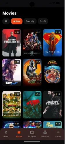 TeaTV app Movies tab UI showing Action genre filter, movie posters with IMDb ratings including Mortal Kombat, Supergirl, and The Punisher.