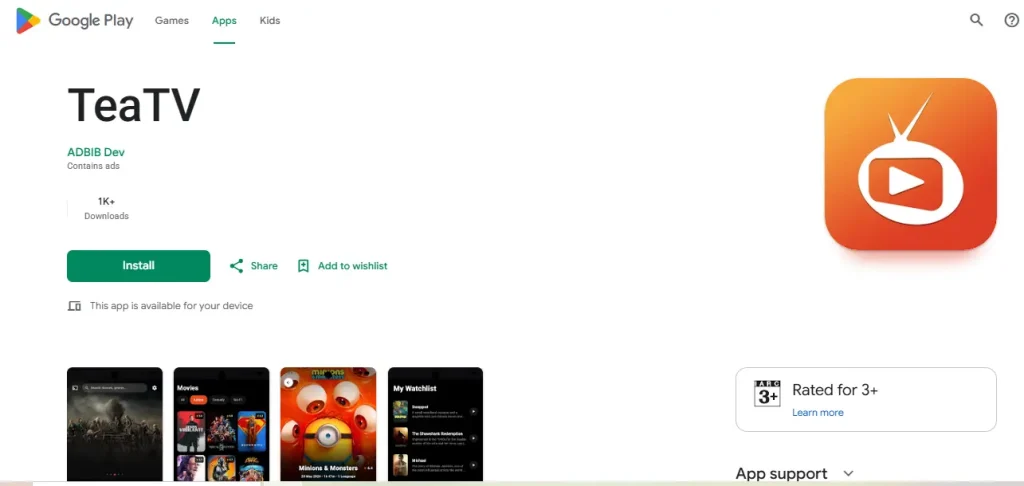 TeaTV app listing screenshot on Google Play Store featuring the orange app logo, developer details, install button, and preview screenshots.
