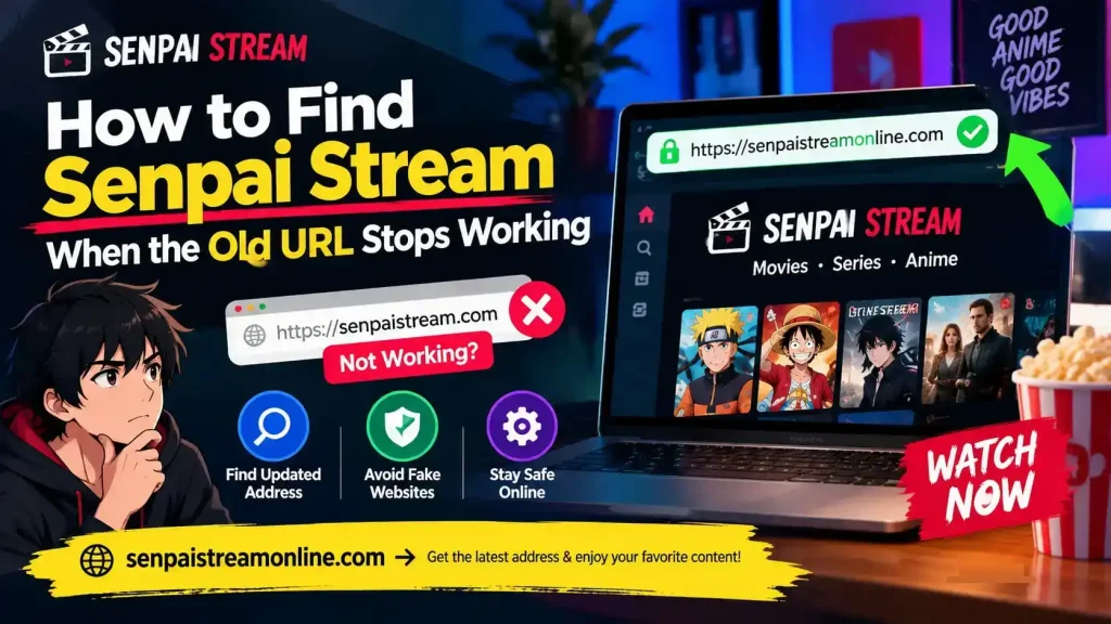 An infographic showing a confused anime character on the left, a crossed-out old Senpai Stream URL (senpaistream.) with a "Not Working?" label in the center, and a laptop on the right displaying the new Senpaistreamonline.com website with movie and anime thumbnails, along with three safety icons for finding updated addresses and avoiding fake websites.