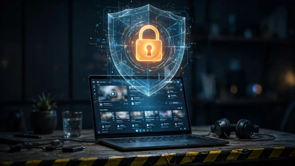 VPN shield protecting streaming on a laptop