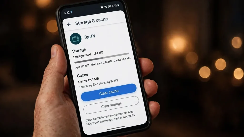 Clearing TeaTV app cache in Android settings to stop the teatv app crashing