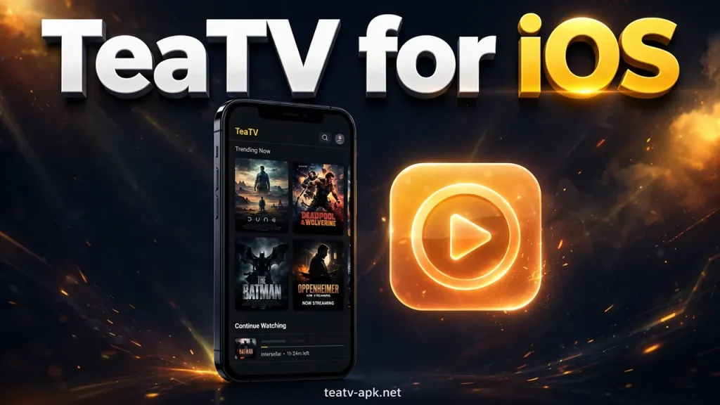 TeaTV for iOS guide — iPhone mockup with streaming interface