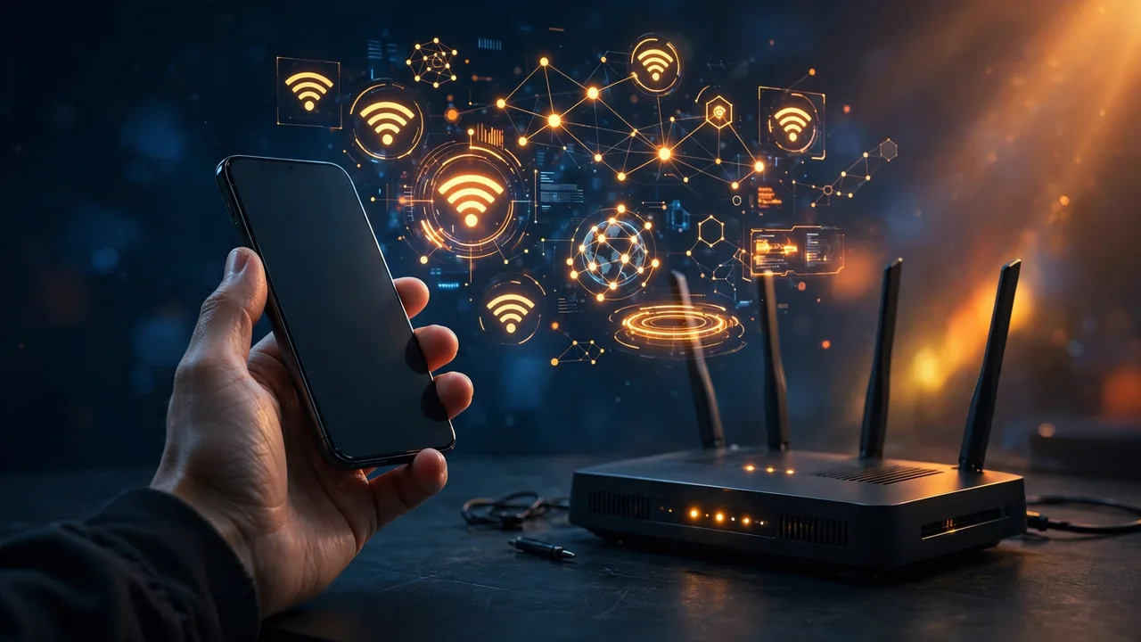 Person checking Wi-Fi router and phone while troubleshooting streaming app errors