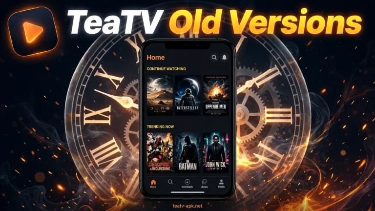 TeaTV APK old versions explained: phone mockup with a clock behind it showing why older builds exist and why updating is safer
