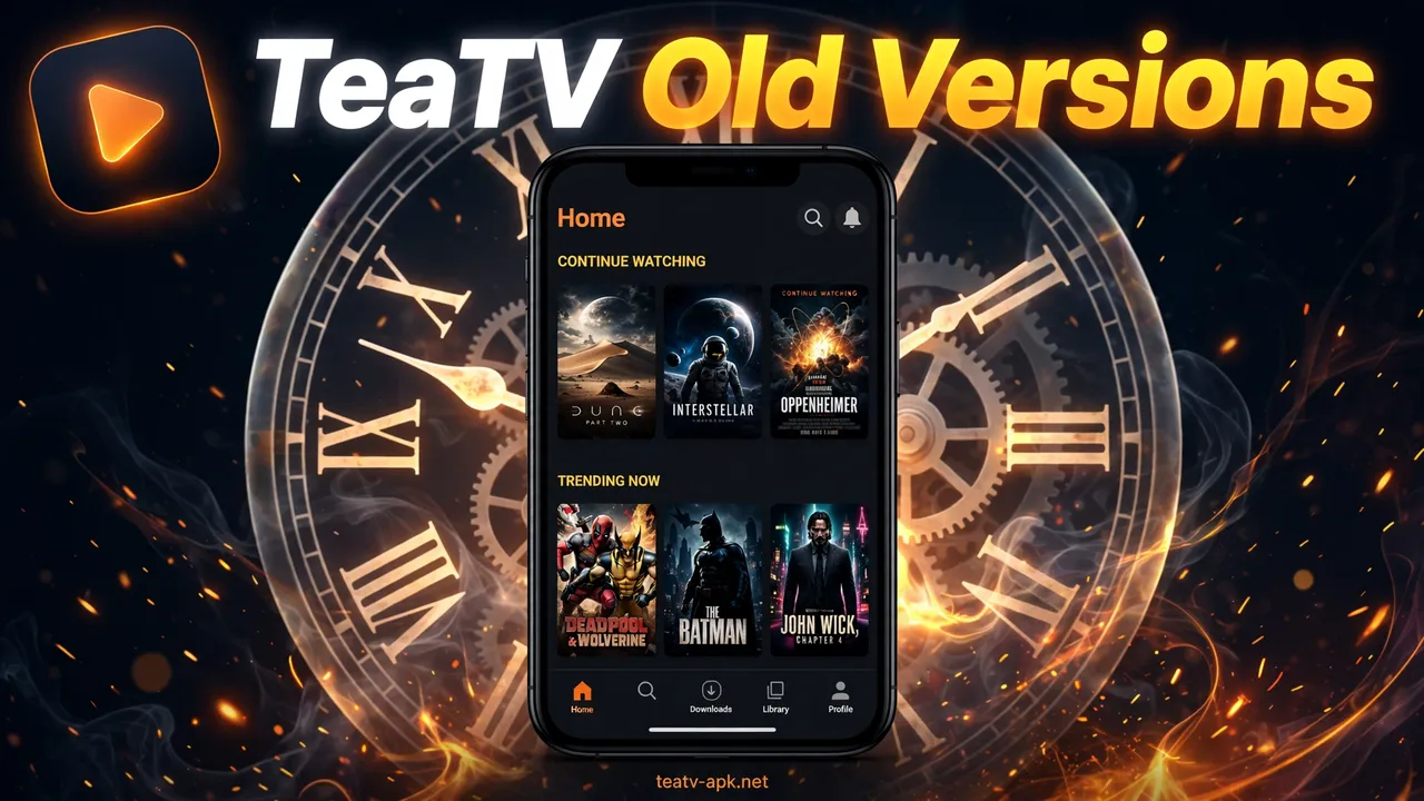 TeaTV APK old versions explained: phone mockup with a clock behind it showing why older builds exist and why updating is safer