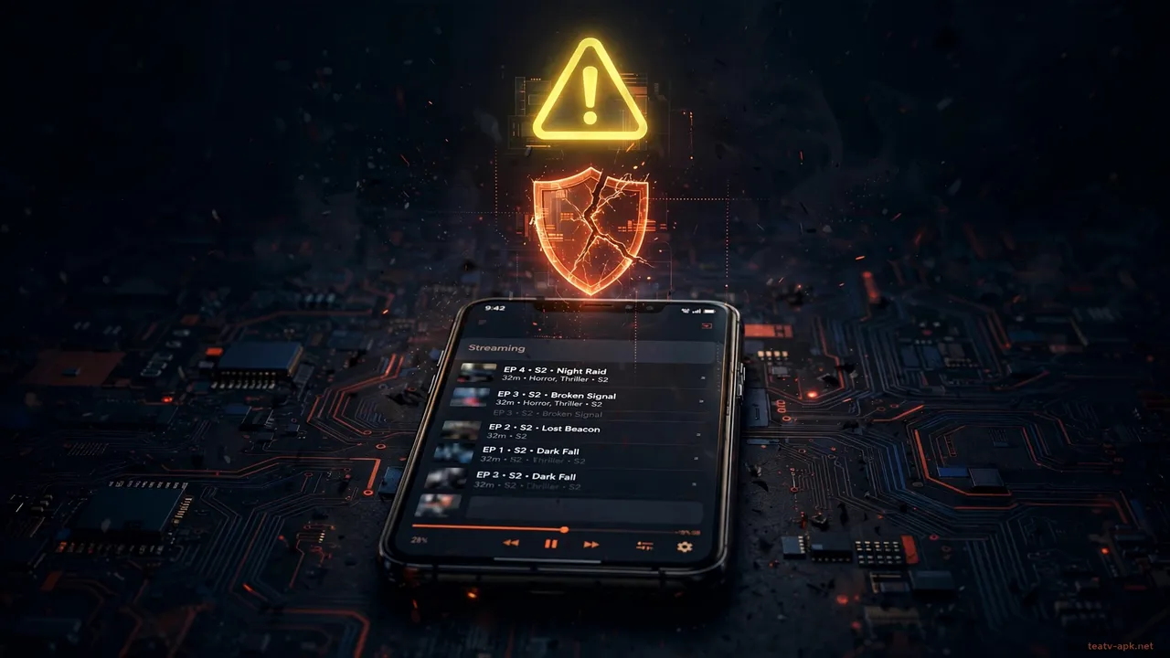 Security risks of installing an old TeaTV version: warning triangle over a cracked shield above a phone