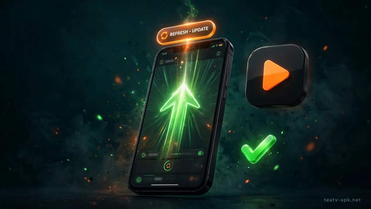 Update to the latest TeaTV version: phone with an upward update arrow and checkmark