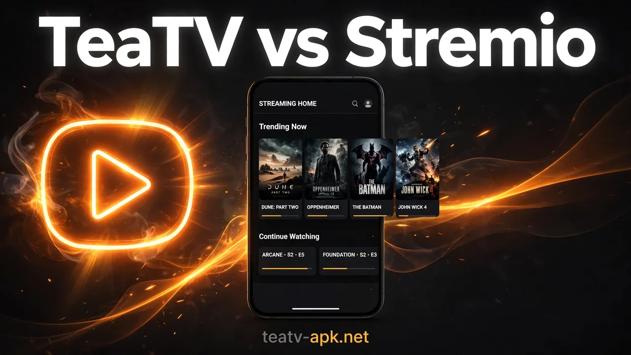 TeaTV vs Stremio full comparison: phone mockup showing a streaming app home screen with 'TeaTV vs Stremio' headline